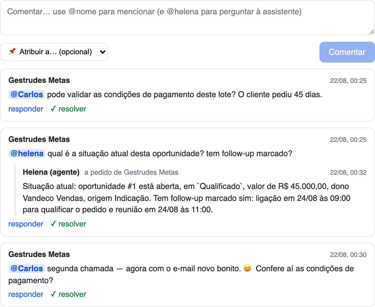 Feed com comentários, menções e resposta da assistente